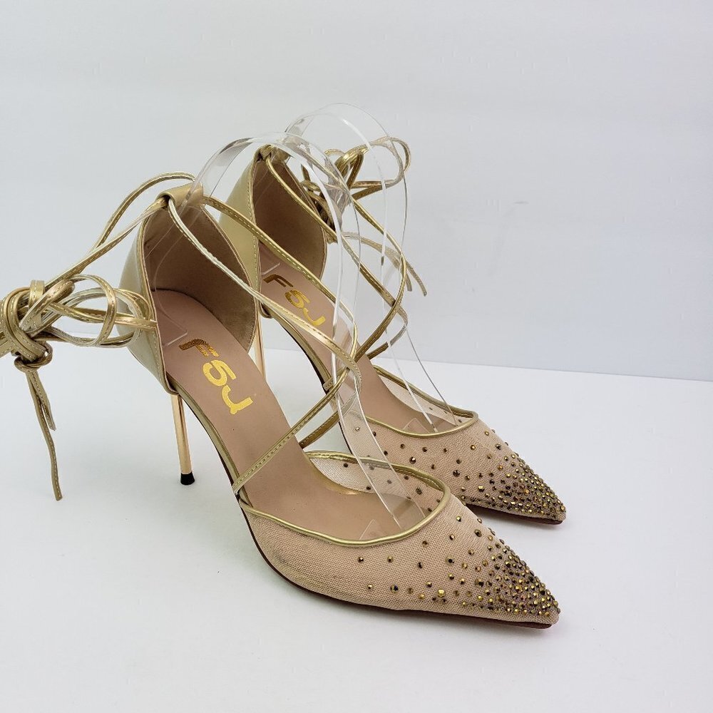 FSJ Womens Size 8 Gold Rhinestone Fashion Leg Ties Stiletto 4"Heels Pumps Shoes